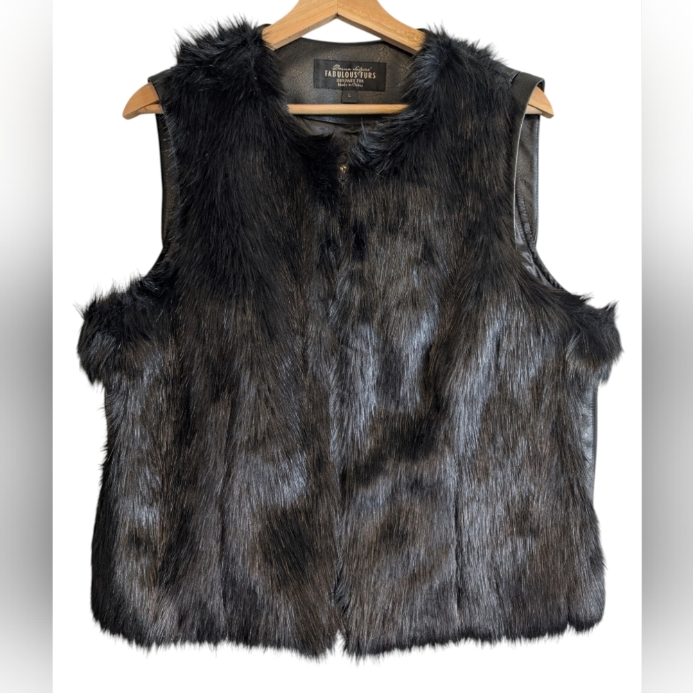 Donna Salyers Fabulous Furs Black Faux Fur - Faux Leather Vest Sz Large